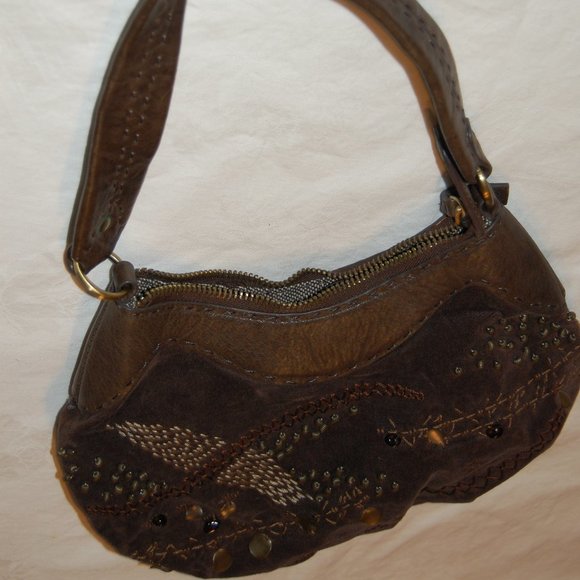 David & Scotti Brown Leather & Soft Material Small Purse W/ Embroidery& Beads - Picture 8 of 16